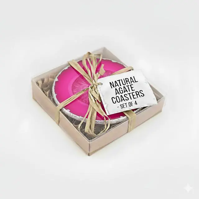Alt view image 6 of 6 - Modern Home Set of 4 Natural Agate Stone Coasters - Pink w/Silver Edge