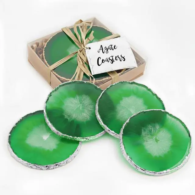 Main image of Modern Home Set of 4 Natural Agate Stone Coasters - Green w/Silver Edge