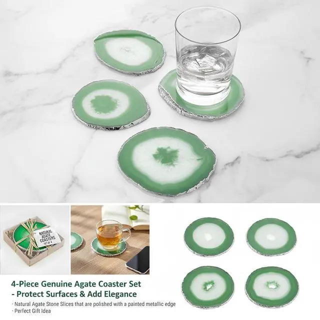 Alt view image 4 of 7 - Modern Home Set of 4 Natural Agate Stone Coasters - Green w/Silver Edge