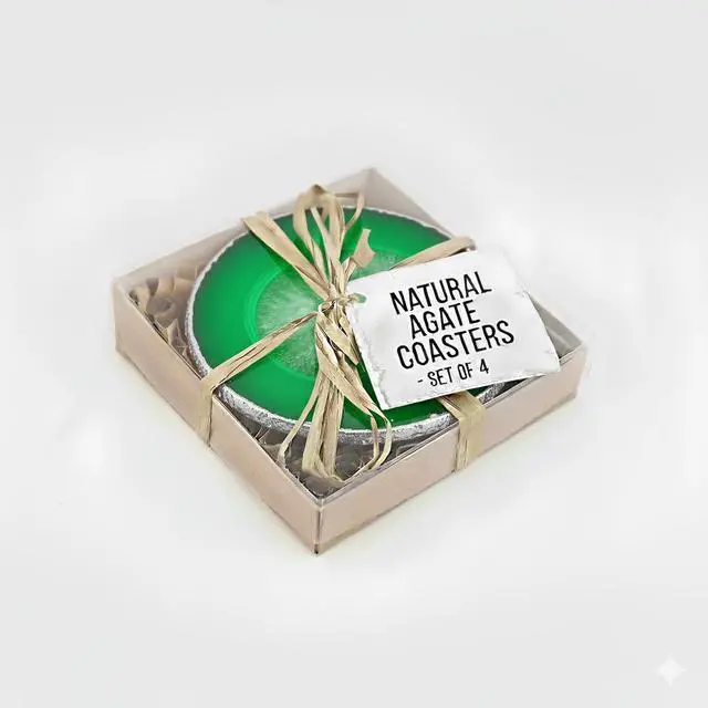 Alt view image 7 of 7 - Modern Home Set of 4 Natural Agate Stone Coasters - Green w/Silver Edge