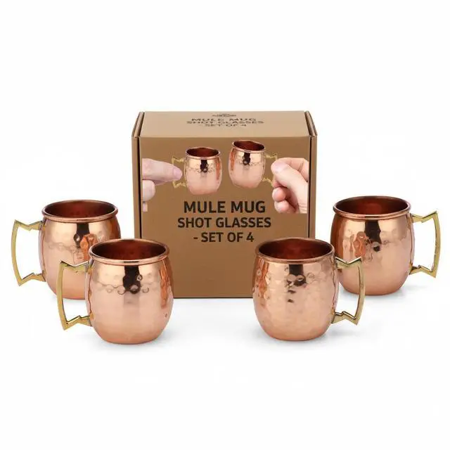 Main image of Modern Home Set of 4 Handmade 100% Copper Moscow Mule Shot Glasses 2oz  Hammered Mini Mugs