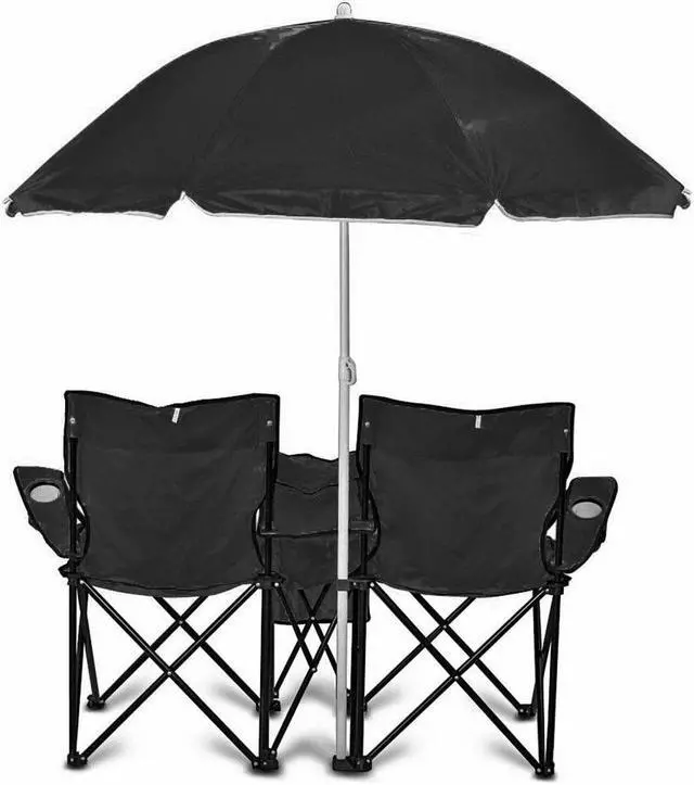 Alt view image 2 of 7 - GoTeam Portable Double Folding Chair w/Removable Umbrella, Cooler Bag and Carry Case - Black