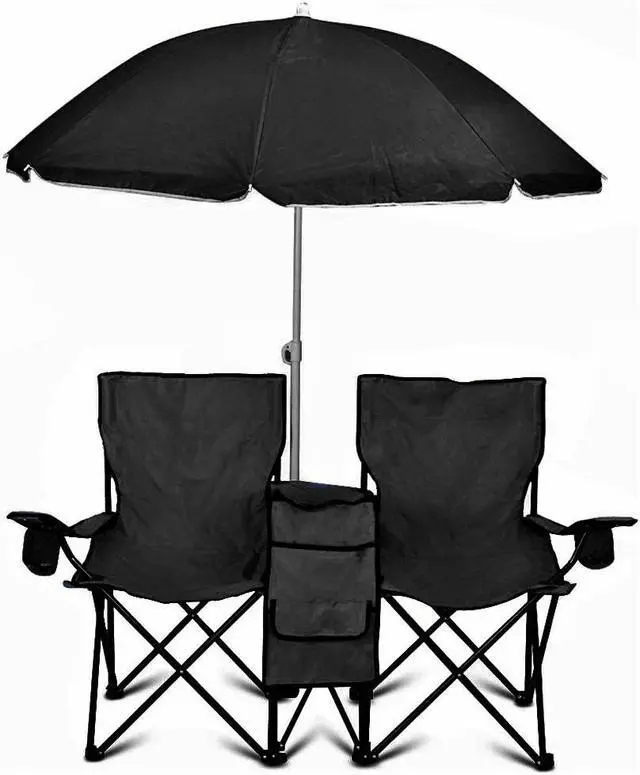 Main image of GoTeam Portable Double Folding Chair w/Removable Umbrella, Cooler Bag and Carry Case - Black
