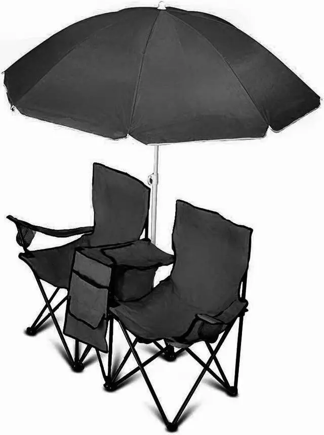 Alt view image 3 of 7 - GoTeam Portable Double Folding Chair w/Removable Umbrella, Cooler Bag and Carry Case - Black