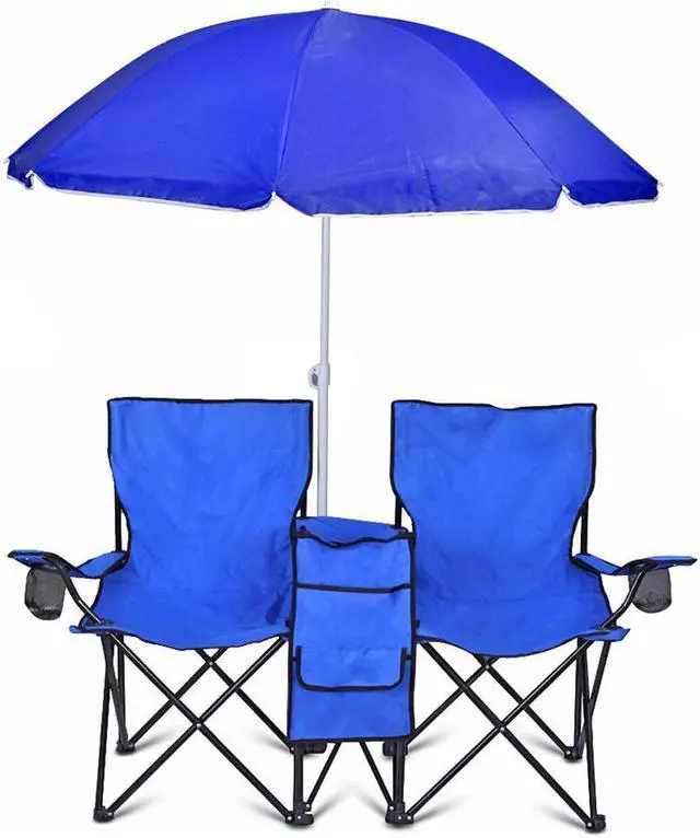Main image of GoTeam Portable Double Folding Chair w/Removable Umbrella, Cooler Bag and Carry Case - Blue