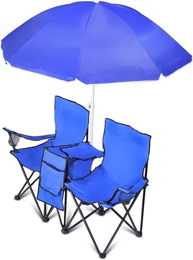 Alt view image 3 of 13 - GoTeam Portable Double Folding Chair w/Removable Umbrella, Cooler Bag and Carry Case - Blue