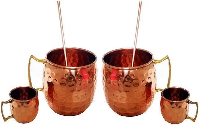 Alt view image 7 of 7 - Modern Home Authentic 6-Piece Copper Moscow Mule Mug Set  2 Full-Size Hammered Mugs + 2 Mini Shot Glasses with Brass Handles & 2 Straws  100% Pure Copper Drinkware Gift Set