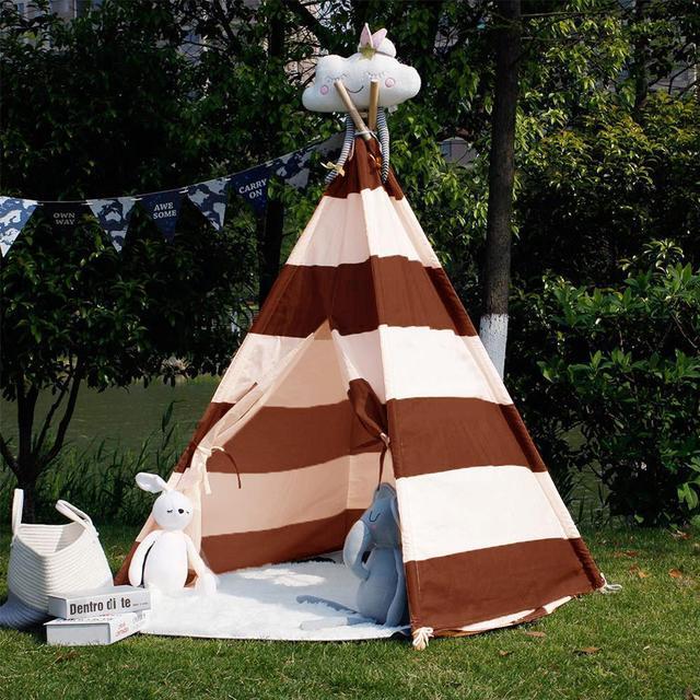 Alt view image 6 of 7 - Modern Home Striped Kids Play Tent  Indoor Teepee Playhouse for Toddlers and Children, Foldable Canvas Tent with Wooden Poles (Brown Stripes)