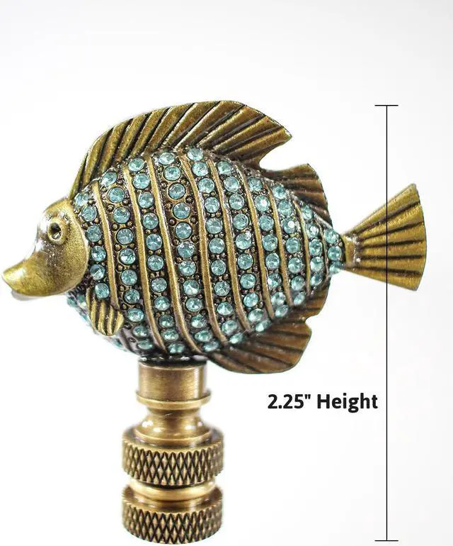 Alt view image 2 of 6 - Tropical Fish Lamp Finial with Aegean Blue Glass Antique Brass Finish 2.25"h