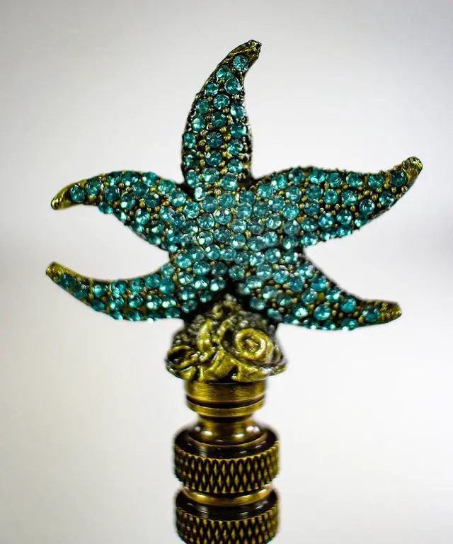 Alt view image 3 of 6 - Starfish with Aegean Blue Glass Lamp Finial Antique Metal 2.5"h