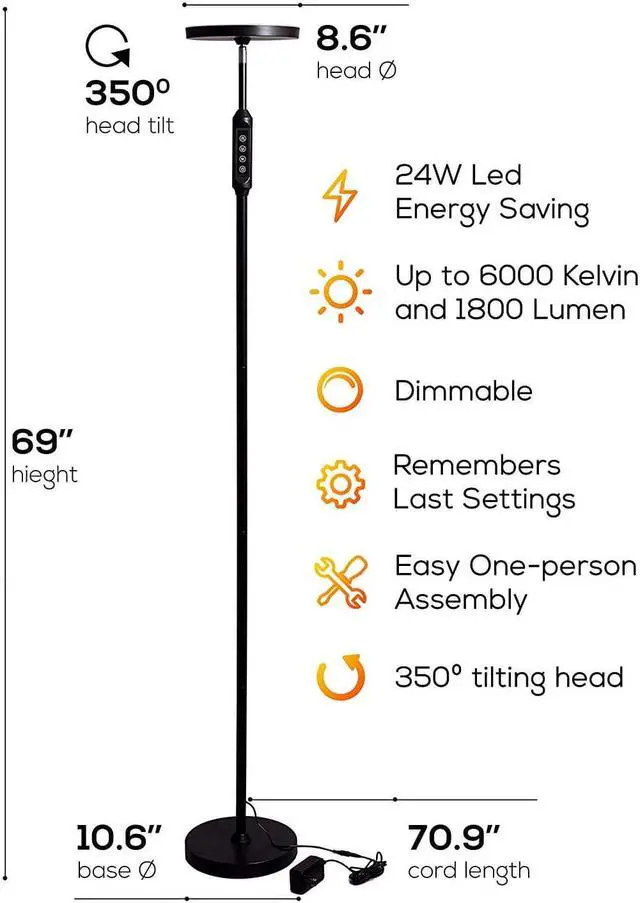 Alt view image 5 of 7 - LED Torchiere Super Bright 70" Floor Lamp (5 Color Settings) 2,100 Lumens,Dimmable Black Metal with Remote