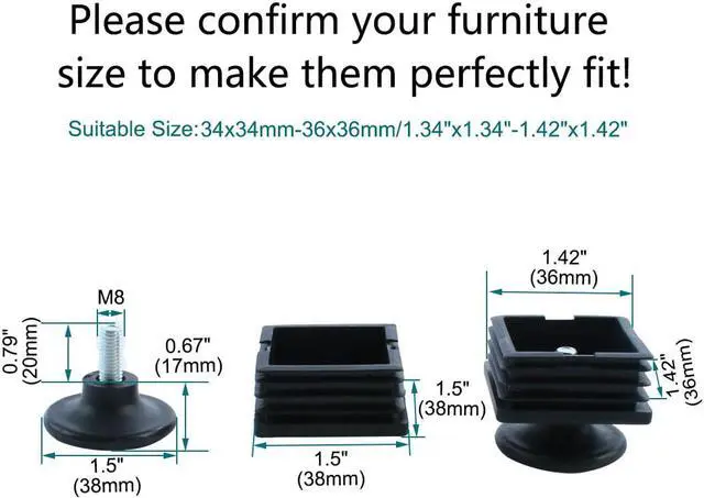 Alt view image 2 of 7 - Leveling Feet 38 x 38mm Square Tube Inserts Furniture Legs For Sofa Table 4 Sets