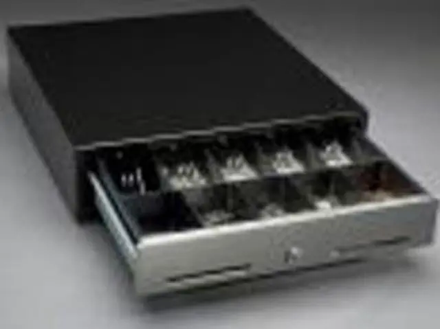 Main image of NCR 2186-6400-9090 Black Compact Cash Drawer W/Us Till Kit, Stainless Steel Fr