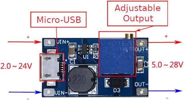 Alt view image 2 of 6 - 5pcs JacobsParts DC-DC Micro-USB Step Up Boost Module 2-24V Input 5V 9V 12V 28V Adjustable Output Power Converter MT3608