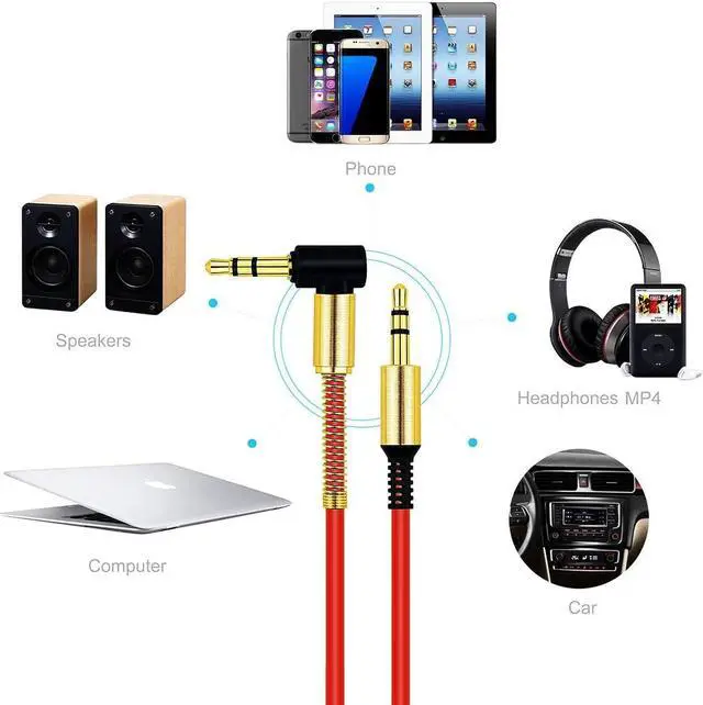 Alt view image 3 of 3 - 3.5mm AUX Cable Car Audio Stereo Headphone Jack Cord Right Angle Male to M Red