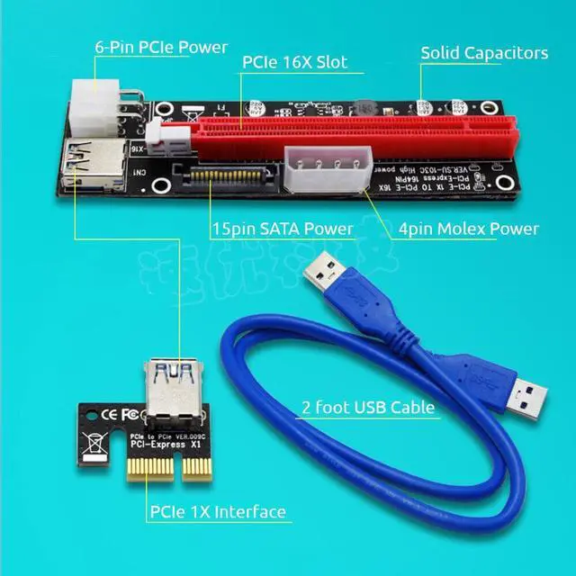 Alt view image 3 of 8 - PCI-E 1x to 16x Powered USB3.0 GPU Riser Extender Adapter Card
