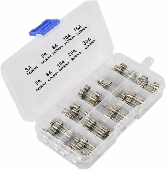 Main image of 75pcs Fast Blow Glass Tube Fuse Kit 250V 3A 5A 8A 10A 15A 20A 30A 5x20mm 6x30mm