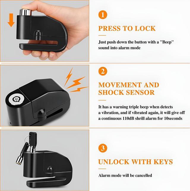 Alt view image 6 of 7 - JacobsParts Alarm Disc Lock Motorcycle Disc Brake Lock Anti-Theft Waterproof 110 dB 7mm Pin for Motorcycles Bike Scooter