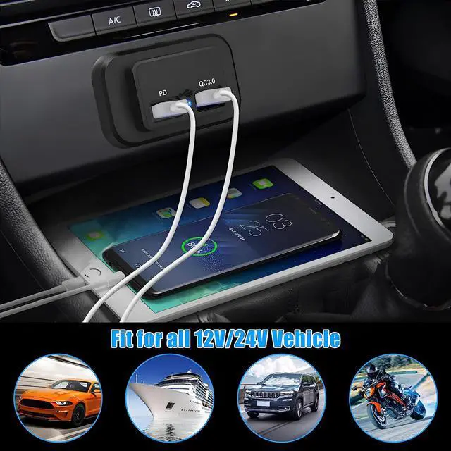 Alt view image 2 of 7 - Dual USB PD Fast Charger USB-C Type C Power Outlet for Car Boat RV 12-24V 4.8A