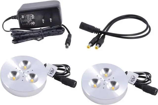 Main image of ABI 2X 3W LED Puck Light Complete Kit for Under Cabinet, Bookshelf, and Showcase Lighting, 240lm, Soft White 3000K, 25W Halogen Equivalent