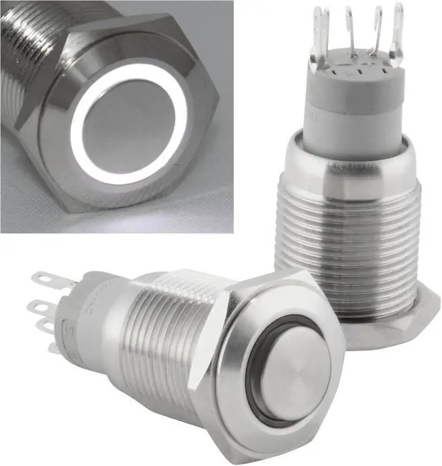 Alt view image 2 of 5 - JacobsParts Latching Pushbutton ON/OFF Maintained Power Switch Circular Metal Silver with Blue LED fits 5/8" (16mm) Diameter Panel Cutout Hole