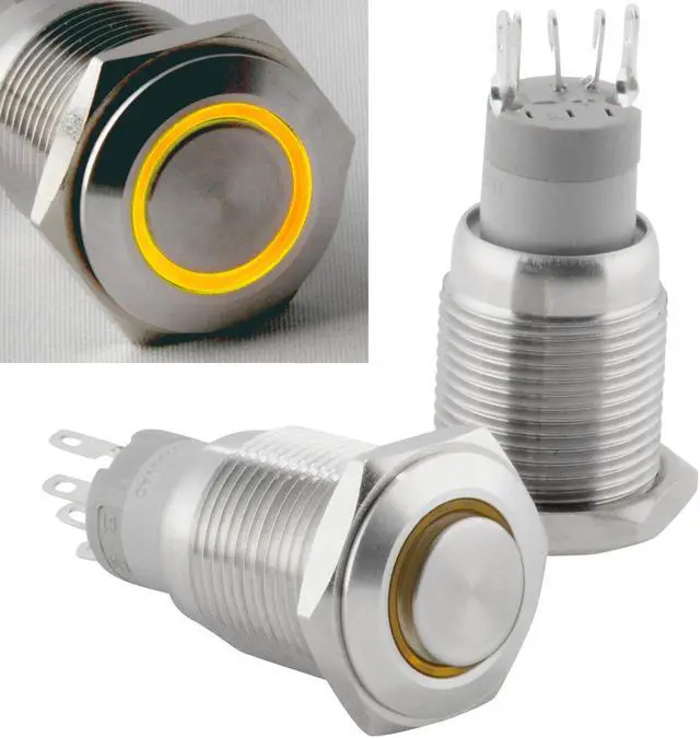 Alt view image 2 of 5 - 16mm Latching Push Button Power Switch Stainless Steel w/ Yellow LED Waterproof