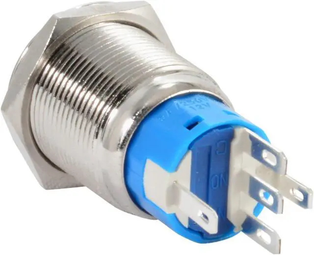 Alt view image 3 of 4 - JacobsParts Latching Pushbutton ON/Off Maintained Power Switch Circular Metal Silver with Blue LED fits 3/4" (19mm) Diameter Panel Cutout Hole