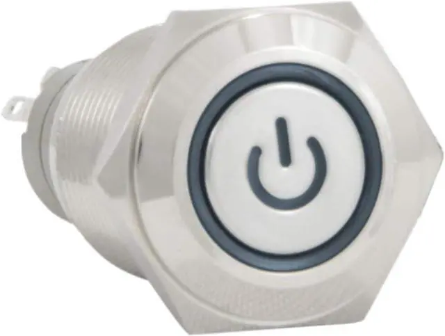 Main image of 16mm 12V Latching Push Button Power Switch Stainless Steel Blue LED Waterproof