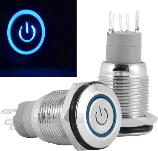 Alt view image 2 of 5 - 16mm 12V Latching Push Button Power Switch Stainless Steel Blue LED Waterproof