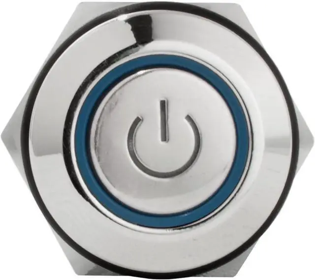 Alt view image 3 of 5 - 16mm 12V Latching Push Button Power Switch Stainless Steel Blue LED Waterproof