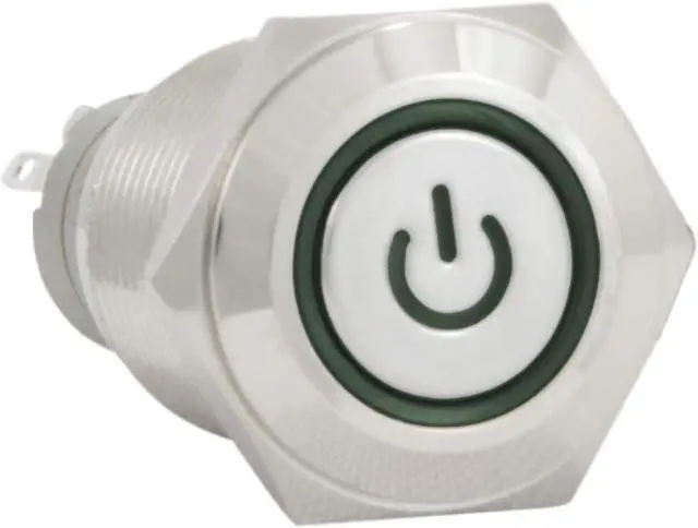 Main image of 16mm 12V Latching Push Button Power Switch Stainless Steel Green LED Waterproof