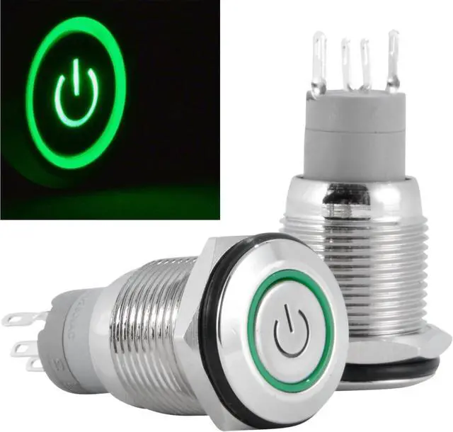 Alt view image 2 of 5 - 16mm 12V Latching Push Button Power Switch Stainless Steel Green LED Waterproof