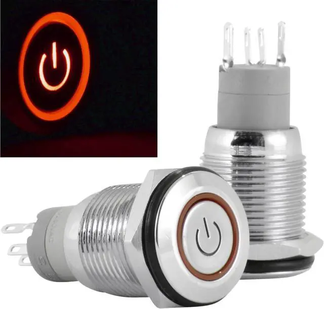 Alt view image 2 of 4 - JacobsParts Latching Maintained Pushbutton ON/Off Switch Circular Metal Silver with Red Power Symbol LED Light fits 5/8" (16mm) Diameter Panel Cutout Hole