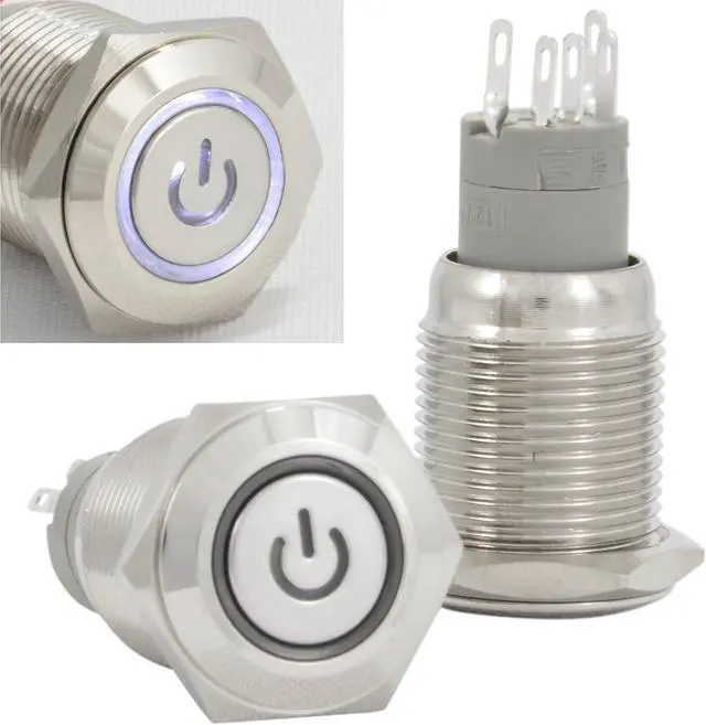 Alt view image 2 of 6 - 16mm 12V Latching Push Button Power Switch Stainless Steel White LED Waterproof