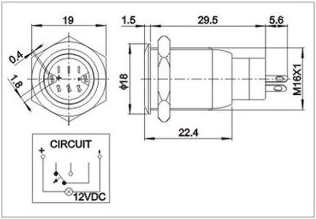 Alt view image 5 of 5 - JacobsParts Latching Maintained Pushbutton ON/Off Switch Black Metal with Blue Power Symbol LED Suitable for 5/8" (16mm) Diameter Panel Cutout Hole