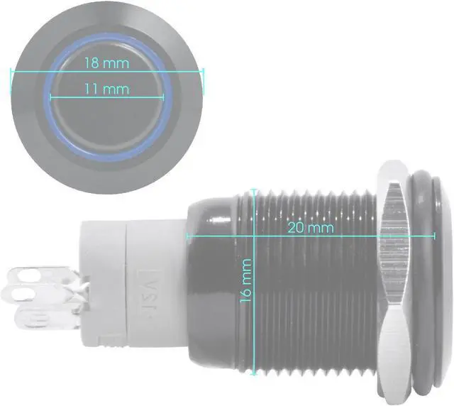 Alt view image 3 of 5 - JacobsParts Latching Maintained Pushbutton ON/Off Switch Black Metal with Blue Power Symbol LED Suitable for 5/8" (16mm) Diameter Panel Cutout Hole