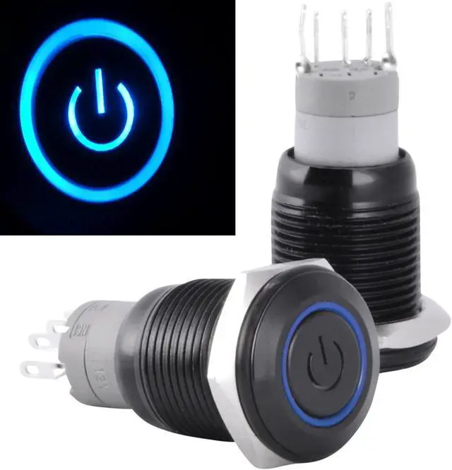 Alt view image 2 of 5 - JacobsParts Latching Maintained Pushbutton ON/Off Switch Black Metal with Blue Power Symbol LED Suitable for 5/8" (16mm) Diameter Panel Cutout Hole
