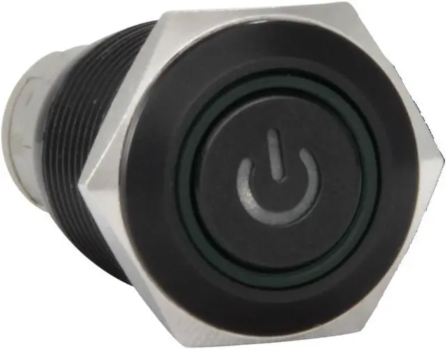 Main image of 16mm 12V Latching Push Button Power Switch Black Metal Green LED Waterproof