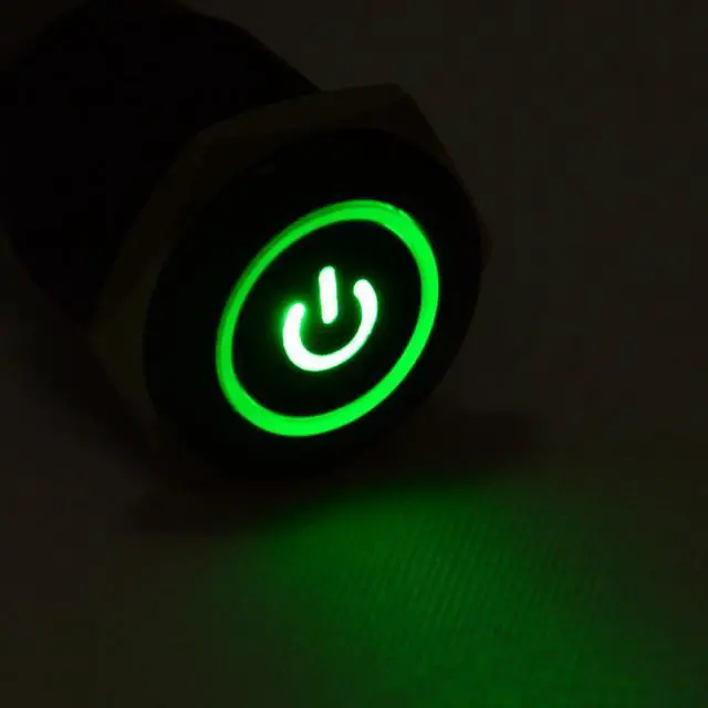 Alt view image 2 of 5 - 16mm 12V Latching Push Button Power Switch Black Metal Green LED Waterproof