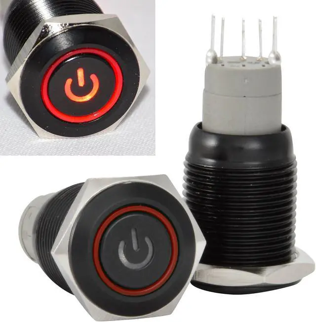 Alt view image 3 of 6 - JacobsParts Latching Maintained Pushbutton ON/Off Switch Black Metal with Red Power Symbol LED Suitable for 5/8" (16mm) Diameter Panel Cutout Hole