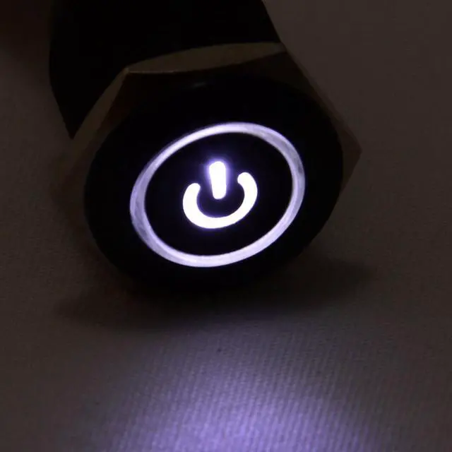 Alt view image 2 of 5 - JacobsParts Latching Maintained Pushbutton ON/Off Switch Black Metal with White Power Symbol LED Suitable for 5/8" (16mm) Diameter Panel Cutout Hole