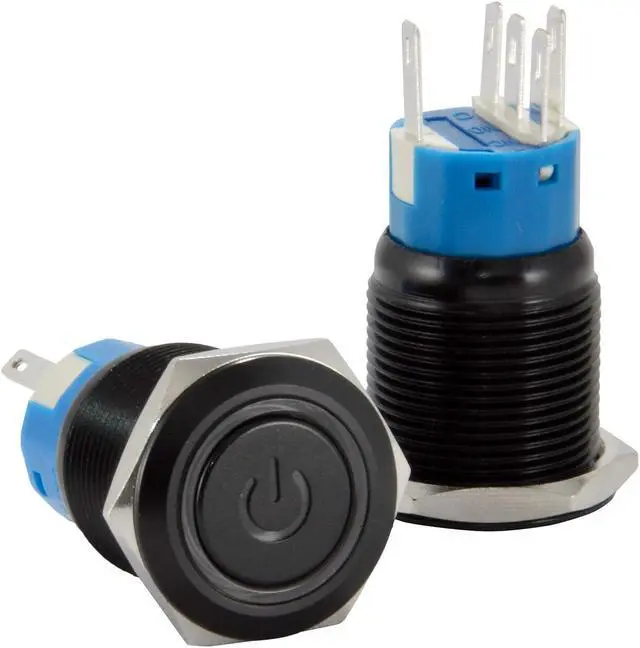 Alt view image 2 of 6 - JacobsParts Latching Maintained Pushbutton ON/Off Switch Black Metal with Blue Power Symbol LED Suitable for 3/4" (19mm) Diameter Panel Cutout Hole