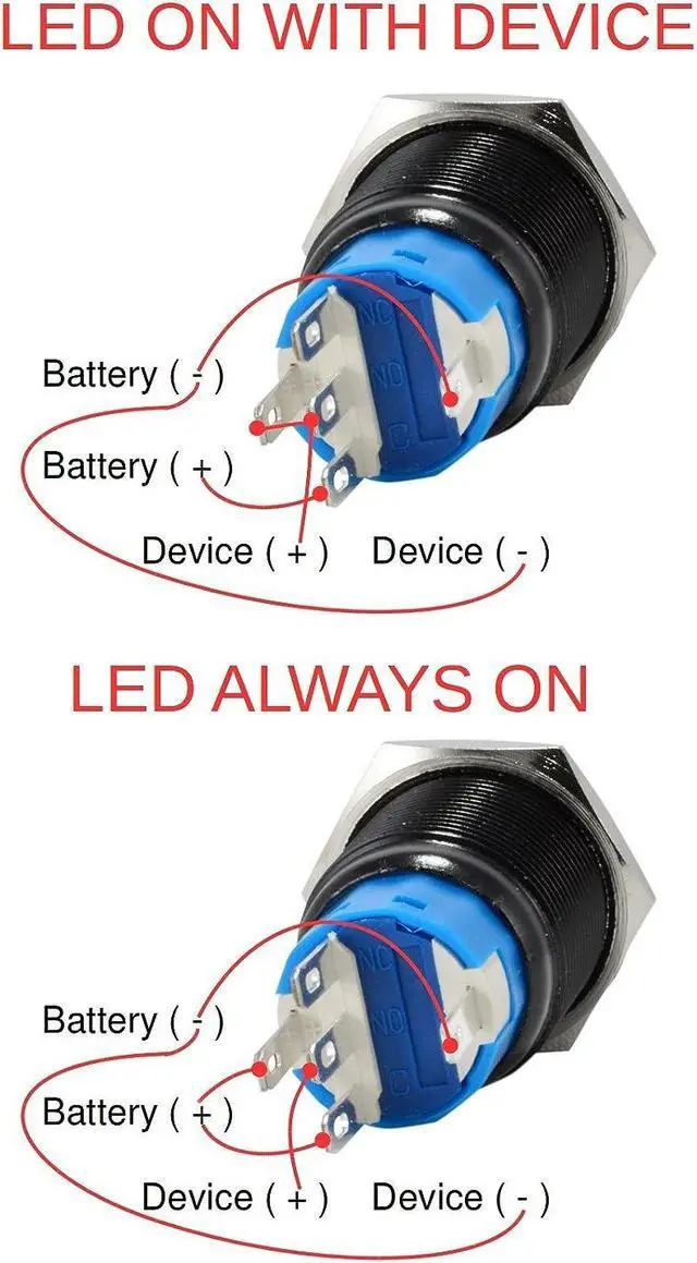 Alt view image 5 of 6 - JacobsParts Latching Maintained Pushbutton ON/Off Switch Black Metal with Blue Power Symbol LED Suitable for 3/4" (19mm) Diameter Panel Cutout Hole