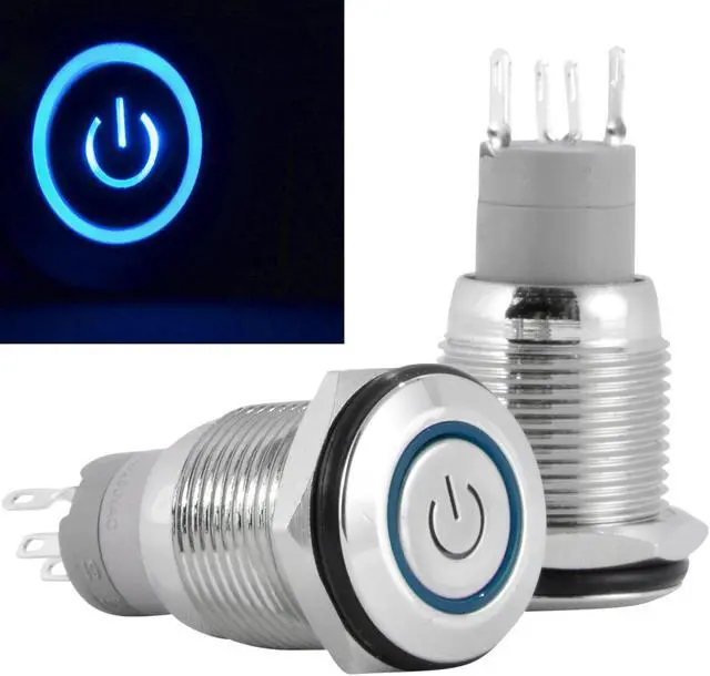 Alt view image 2 of 6 - 16mm 12V Momentary Push Button Power Switch Stainless Steel Blue LED Waterproof