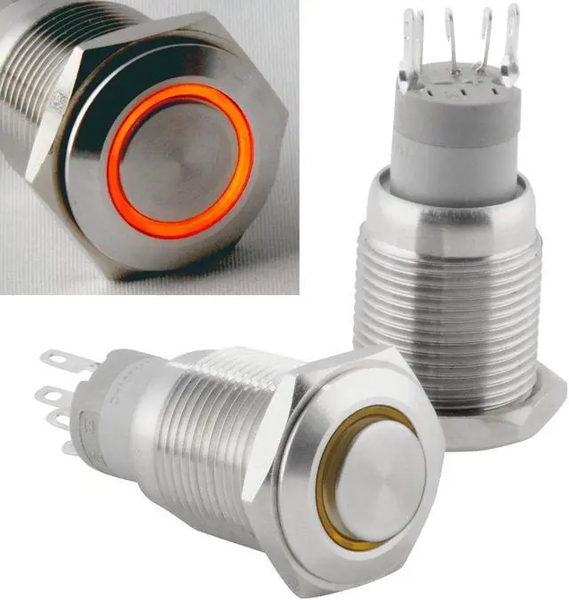 Alt view image 2 of 5 - JacobsParts Momentary Pushbutton Starter Switch Stainless Steel Silver with Orange LED fits 5/8" (16mm) Diameter Panel Cutout Hole