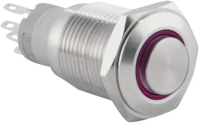 Main image of JacobsParts Momentary Pushbutton Starter Switch Circular Metal Silver with Purple LED fits 5/8" (16mm) Diameter Panel Cutout Hole