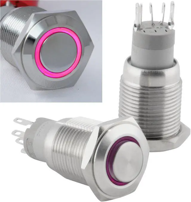Alt view image 2 of 5 - JacobsParts Momentary Pushbutton Starter Switch Circular Metal Silver with Purple LED fits 5/8" (16mm) Diameter Panel Cutout Hole