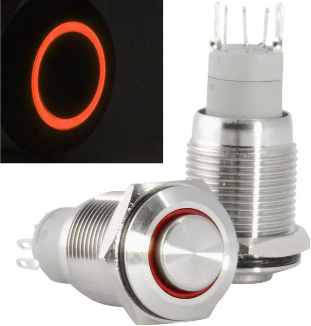 Alt view image 2 of 5 - JacobsParts Momentary Pushbutton Starter Switch Circular Metal Silver with Red LED fits 5/8" (16mm) Diameter Panel Cutout Hole