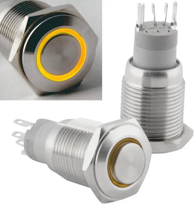 Alt view image 2 of 5 - JacobsParts Momentary Pushbutton Starter Switch Circular Metal Silver with Yellow LED fits 5/8" (16mm) Diameter Panel Cutout Hole