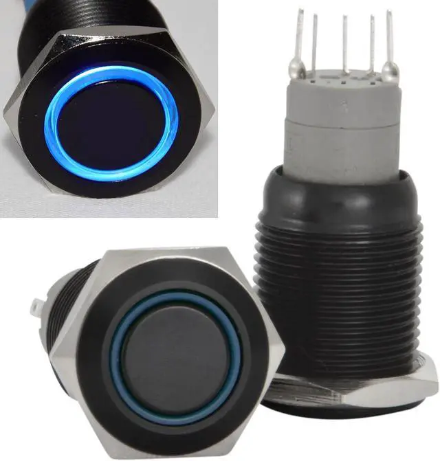Alt view image 2 of 5 - 16mm Stainless Steel Latching Push Button Switch (Black with Blue LED)